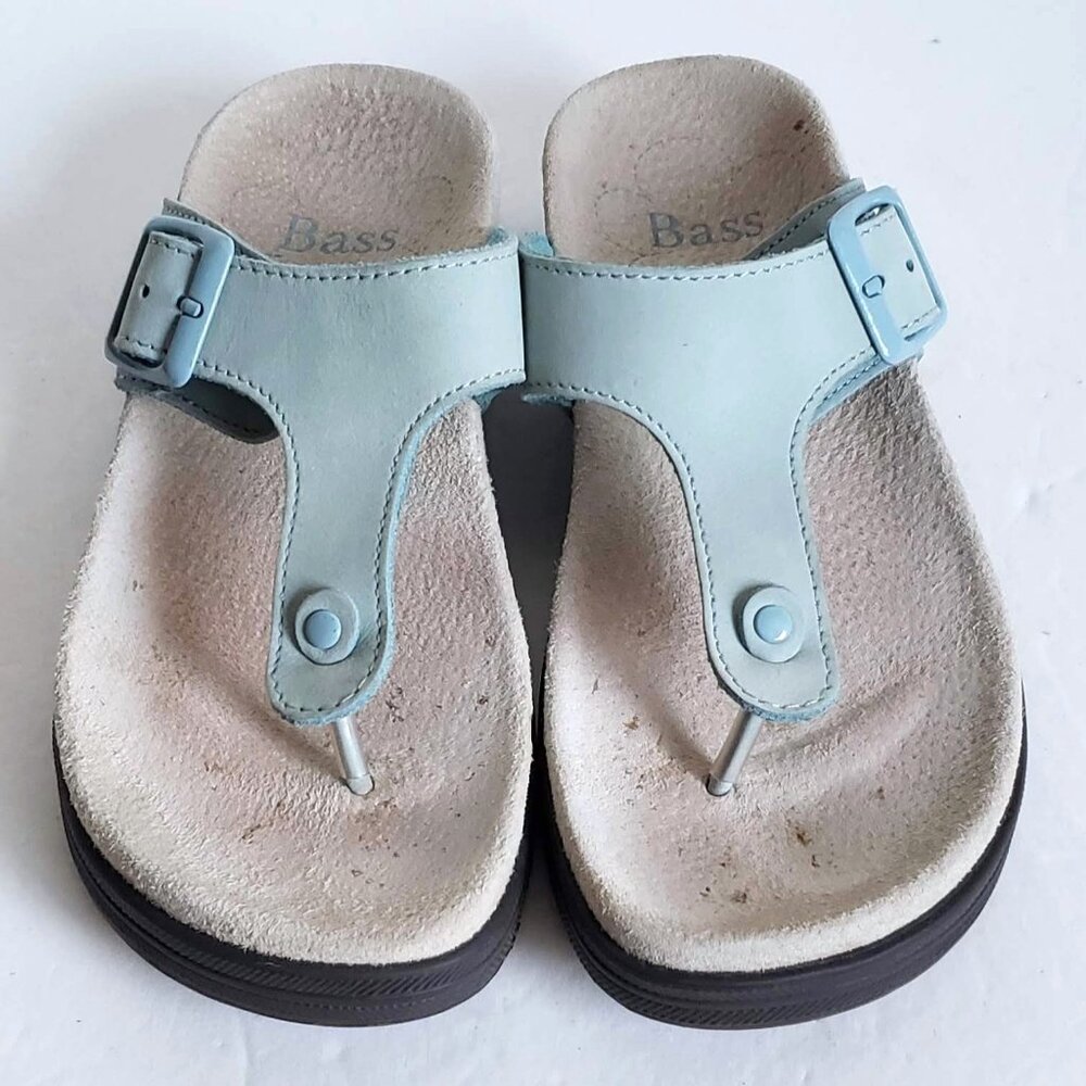 BASS Leather Sandal Light Blue Slip On Flat Thong Adjustable cushioned Daniele
